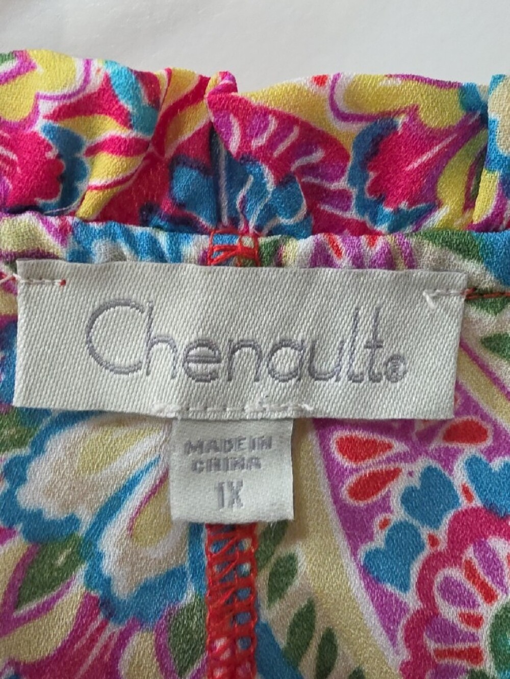 Chenault Vibrant Pink Paisley Tie-Neck Blouse with Ruffled Trim - 1X - Picture 2 of 8